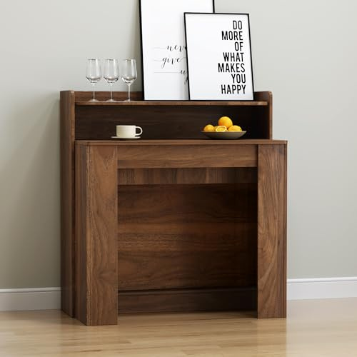 Banzeem Extendable Dining Table with Shelf, Transformer Extra Console Table for 1-9 People, Folding Space Saving Dining Room Table for Homes, Apartments, Walnut