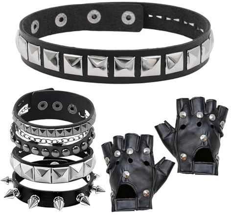 Grunge Clothes Set, 6-teilige Punk Accessoires Für Erwachsene, Unisex Punk Besetztes Armband, Lederoptik Handschuhe, Für Halloween Weihnachten Kostümparty Rock Konzert