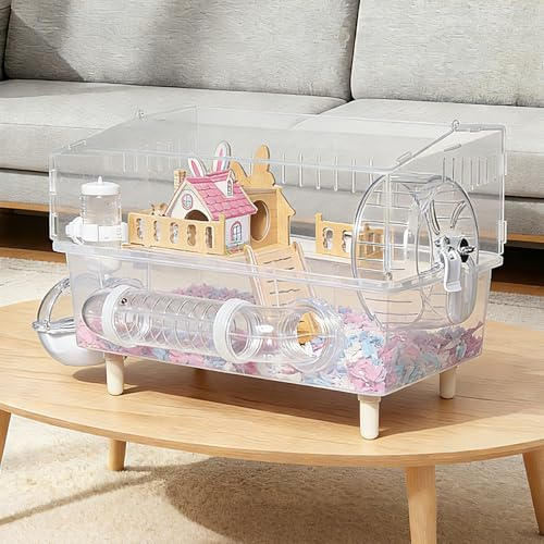 Pretoee 9-in-1 Acrylic Hamster Cage - Clear Pet Cage with 360° Transparent Viewing, Double Layer Chew-Proof Mice Enclosure with Crawling Tunnel for Dwarf Syrian Gerbils, 18 * 13 * 12in (Pink Cottage)