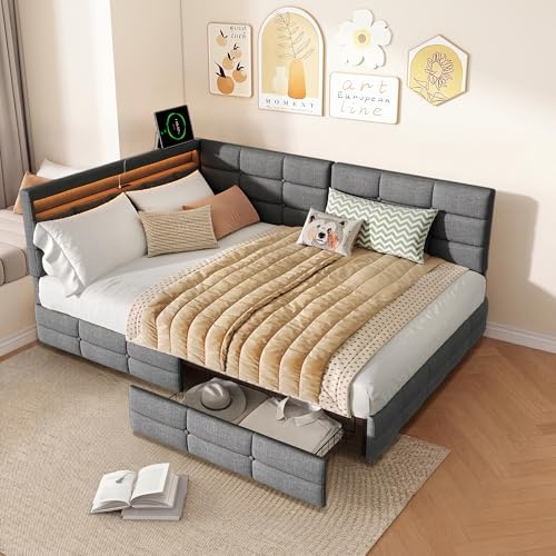 DULRLLY Bäddsoffa för dubbelsäng, 140 x 190 cm, med lådor, LED och USB-laddning