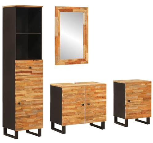Owoxanthellate Badezimmer Set aus massivem Mangoholz – Modernes Möbel-Set mit Waschtischunterschrank, Spiegel (70x50x3cm) & 2 Schränken – Minimalistisches Design Natur