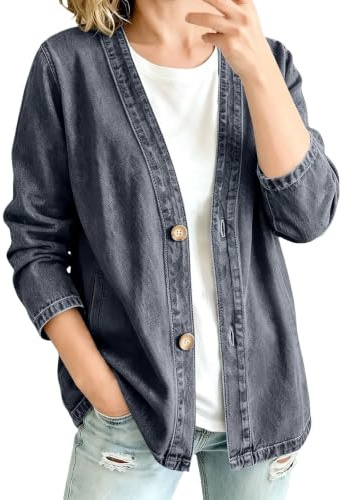 Generisk damkofta av denim – avslappnad skärning, lätt och avslappnad, med långa ärmar och knapplist; klassisk jeansjacka i cardigan-stil (svart, XXL)