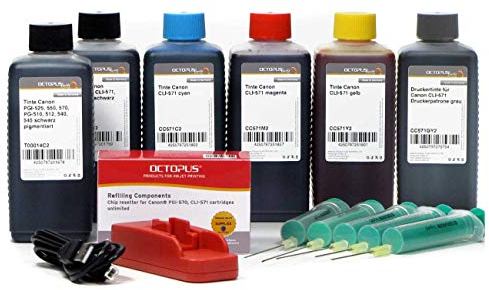 Chipresetter och 6 x 100 ml skrivarbläck för Canon PGI-550, CLI-551, påfyllningsbläck för Canon Pixma IP 8700-serien, IP 8750, MG 6300, MG 6350, MG 7100, MG 7150, MG 750 (inte OEM)