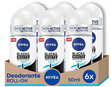 NIVEA Black & White Invisible Fresh Desodorante Roll-on 6 x 50 ml, desodorante en spray fresco y antimanchas, spray antitranspirante perfumado que protege la piel y la ropa
