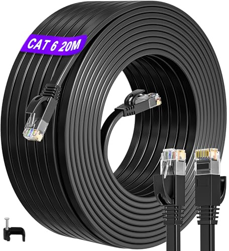 ikbc Lan Kabel 20 meter, Cat 6 Netzwerkkabel Flach 20m RJ45 Kabel Schwarz | High Speed Internetkabel 1Gbps, Lan Flachkabel unter Teppich, Gigabit Ethernet Kabel für Modem und Router, inkl. 25 Clips