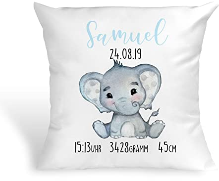 Tachinedas Kreativshop Personalisiertes Kissen mit Elefant Geschenk zur Geburt oder Taufe mit Namen und Datum Junge