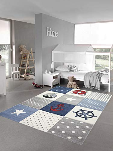 Kinderteppich Spielteppich Junge Teppich Maritim kariert in blau Creme grau Größe 160x230 cm