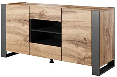 BIM Furniture Kommode NUNKI 164 cm Sideboard Highboard Schrank Wotan Eiche Anthrazit Zwei Regal Zwei Schibladen