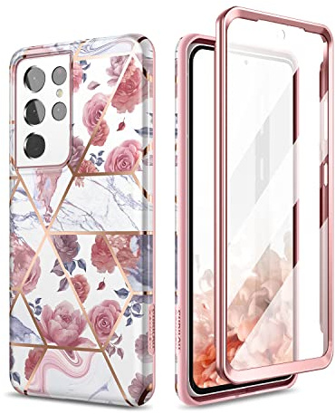 SURITCH Hülle für Samsung Galaxy S21 Ultra 5G mit Eingebaute Displayschutz, 360 Grad Stoßfest Schutzhülle TPU Robust Bumper Case Cover Handyhülle für Samsung Galaxy S21 Ultra 5G 6.8 - Rose