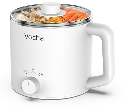 Vocha Electric Hot Pot, 1.6L Rapid Ramen Noodles Cooker, Electric Stainless Steel Stock Pot, Multi-Functional Mini Cooker for Soup, Pasta, Oatmeal, Dumplings, with Dual Power Control (White)
