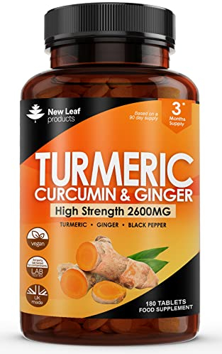 Turmeric Tablets 2600mg with Black Pepper & Ginger - 95% Curcumin Extract -180 Turmerics and Black Pepper Tablets (3 Months) High Strength Active Turmeric Supplements Not Capsules,by New Leaf
