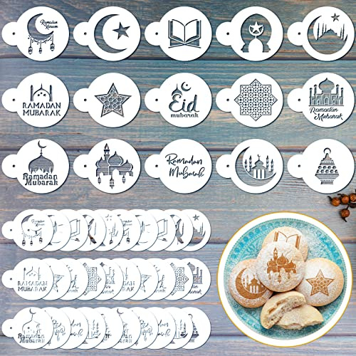 30 Pieces Eid Mubarak Cookie Cutter Stencil Sets Ramadan Cookies Stencils Eid Ramadan Reusable Cake Snacks Food Baking Decorating Tools for DIY Coffee Stencils Latte Art Cake Mold Decoration Supplies
