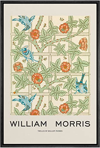 IDEA4WALL Framed Canvas Print Wall Art Garden Flower Trellis by William Morris Historic Cultural Illustrations Fine Art Traditional Colorful for Living Room, Bedroom, Office - 16x24 Black