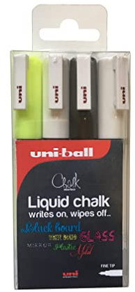 uni-ball PWE-3MS Multi Purpose Erasable Liquid Chalk Marker Pens for Chalkboards, Whiteboards, Glass, Mirrors, Plastic, Windows, Metal - Child Safe - Bullet Tip (Pack of 4)
