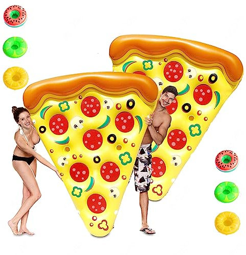 JUNZAI Wasser HäNgematte Pool, Pizza Wasser HäNgematte Pool, Mit 3/6 GeträNkehaltern Pizza Luftmatratze FüR Pool FüR Erwachsene Im Beach Pool,2PCS