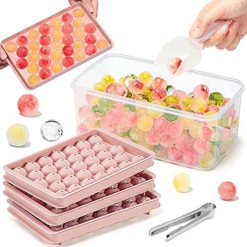 Ghiaccio Stampo, Rotondo Stampo Ghiaccio con Coperchio, 1in x 99Pcs Cubetti Ghiaccio Ice Cube Tray Forma Ghiaccio con Pinze Cucchiaio e Scatola Portaoggetti per Birra Cocktail Whiskey Caffè - Rosa
