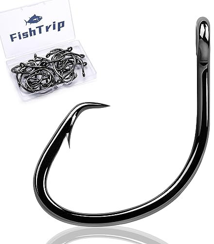 FishTrip Kreis Haken Salzwasser für Welse – 25 Stück Offset 3 x starke Angelhaken breite Lücke für lebende Köder, Größe 7/0