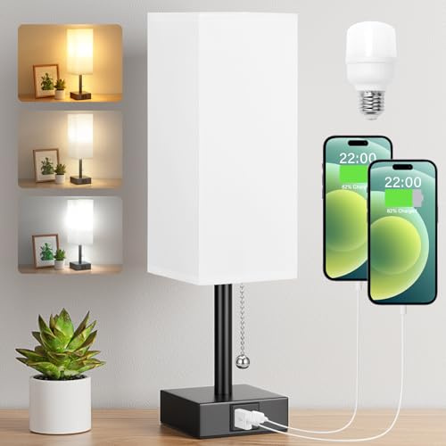 Aooshine Bedside Lamp, Table Lamp for Bedroom, Lamp with USB C+A Charging Ports, Small Bedroom Lamp with 3-Color Modes with Pull Chain, Bedroom Lamp with White Fabric Shade(LED Bulb Included)