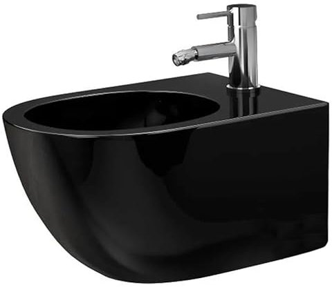 Rea Bidé de Pared Carlo Mini Bidé de Pared de Cerámica Negro Brillante para Baño 49,5 x 37 x 32,5 cm (Negro Brillo)