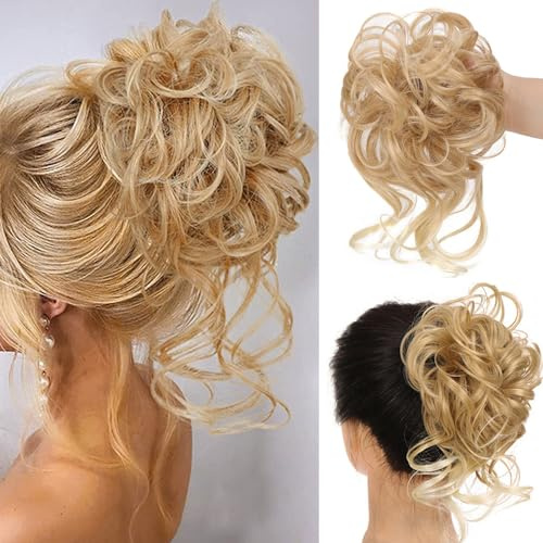 RPAEOY 2 Stück Haarteil mit Gummiband Groß Dutt Haarteil Haargummi mit Haaren Gelockt Haardutt Synthetisch Haarverlängerung Pferdeschwanz Messy Bun Haarteile für Damen Mädchen (Golden)