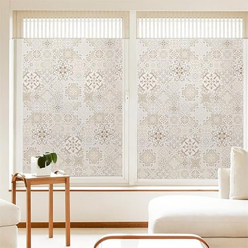 Fensterfolie Beige Braun Mandala Milchglasfolie Fensterfolie Milchglas Selbstklebend Fensterfolie Sichtschutz Blickdicht Fenster Sichtschutzfolie Folie für Fenster Fensterfolie Bad 45x100cm/1 Pcs