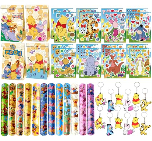 52 Piezas Favores de Cumpleaños de Winnie, Anime Bolsas de Caramelo para Fiesta, Llaveros Niños, Winnie Juguete Slap Pulsera, Cartoon Pegatinas, Regalos para Fiestas Infantiles de Niños y Niñas