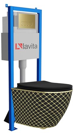 Lavita LAV 101 Élément mural pour WC 40 cm + évier mural suspendu SOFI SLIM BLACK NIGHT sans bord + panneau de commande LAV 200.3.5 doré | Kit complet | Réservoir de chasse encastré | Kit complet