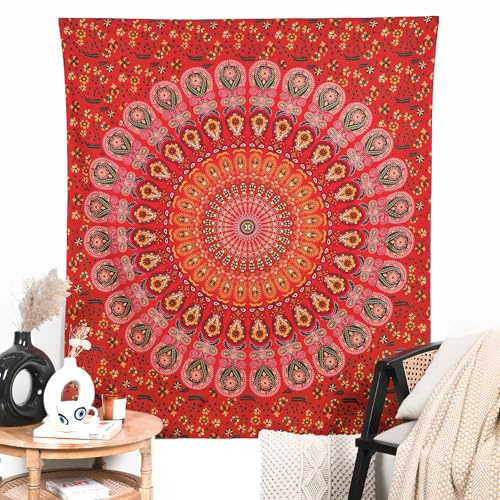 RAJRANG BRINGING RAJASTHAN TO YOU Mandala-Wandbehang, Wandteppich für Schlafzimmer und Wohnzimmer, Dekor mit Pfauenmuster, indischer Boho-Bohemien, kleine Wandteppiche, goldrot, 152,4 x 127 cm