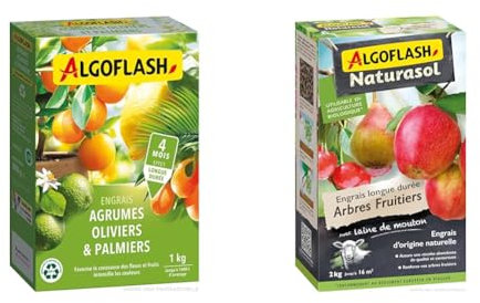 ALGOFLASH Engrais Agrumes, Olivers, Palmiers, Longue Durée, 1 kg, MED1R & ALGOFLASH NATURASOL Engrais Arbres Fruitiers, Longue durée, Jusqu'à 16 m², UAB, 2 kg, ABIOFRUI2