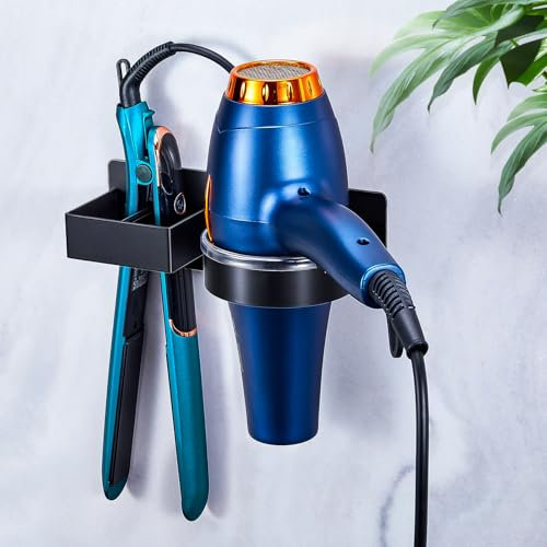 YAYINLI Hair Dryer And Straightener Holder, Hair Dryer Holders Wall Mounted, Hairdryer Holder Station, Hair Dryer Stand, Self Adhesive Hair Tools Organiser For Bathroom Barber Shops（Black）