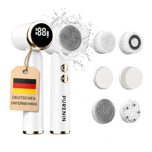 PURENIN - 6in1 Set - Elektrische Gesichtsreinigungsbürste, auch für unterwegs, 360 Grad Rotation des Bürstenkopfes, wasserdicht nach IPX6, elektrischer Gesichtsreiniger (Weiß)