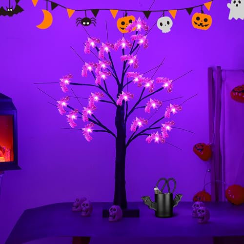 XRR Arbre Lumineux LED, 24 LED lumières Violettes Arbres Bouleau Branches décoratives avec des Chauves-Souris, Lumière d'arbre Halloween alimentée par Batterie USB pour Salon, Maison, intérieur Déco