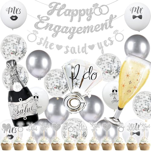 Silver Engagement Party Decorations Banner - 37 PC Engagement Banner Set | 37Pcs Glitter Happy Engagement She Said Yes Banners Cupcake Toppers Diamond Ring Wine Glass Bottle Foil