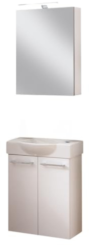 FACKELMANN SBC SCENO Gäste WC Waschtisch Set mit Spiegelschrank 55 cm, Weiß, Türanschlag rechts – inkl. Keramikwaschbecken und verchromten Griffen