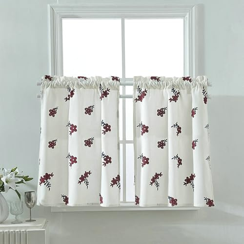 Beydodo Kurze Vorhänge Fenster 130x41CM, Küchengardinen Landhausstil Stickerei mit Rot Blumen Motiv Blickdichte Vorhänge Weiß Scheibengardinen Bistrogardinen 2er Set