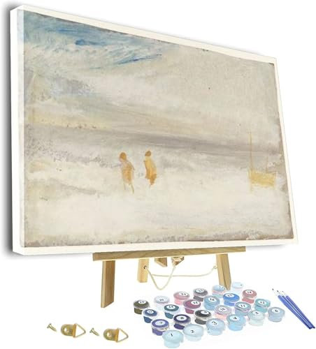 ZEYUPAIN Malen nach Zahlen für Erwachsene, Gemälde von Joseph Mallord William Turner, zwei Figuren am Strand mit einem Boot, gerahmt und Staffelei, Malen nach Zahlen für Erwachsene und Anfänger, DIY