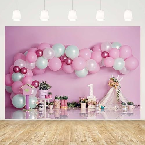 MEHOFOND Toile de fond pour 1er anniversaire de fille rose de 2,1 x 1,5 m pour boîte aux lettres, bottes de pluie, tente de plantation verte, arche de ballons, arrière-plan pour photographie, gâteau,