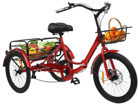 Begoniape Tricycle pliable de 20 pouces, tricycle à 7 vitesses, tricycle à 3 roues pour adultes et seniors, tricycle urbain réglable avec paniers avant et arrière, jusqu'à 130 kg (Rouge)