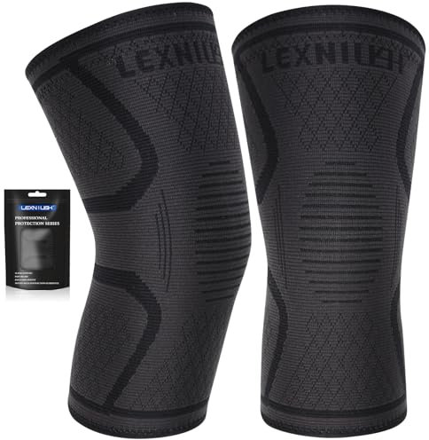 Lexniush Knee Support for Men/Women 2 Pack, Best Knee Compression Sleeve, Best Knee Brace for Arthritis, Meniscus Tear, Knee Pain, ACL, MCL, Ligament Damage, Running, Gym, Sports, Black, L