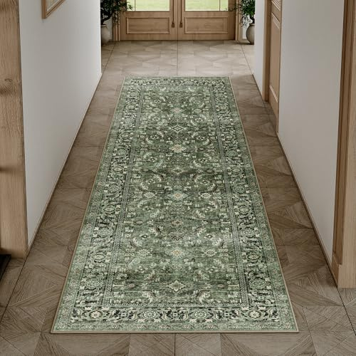 HUGEAR Vintage Hallway Runner Green Long Area Rug 60x240cm Washable Non Slip Rugs Lounge Bedroom Kitchen Bedside Office Indoor Carpet Low Pile Carpets Runners