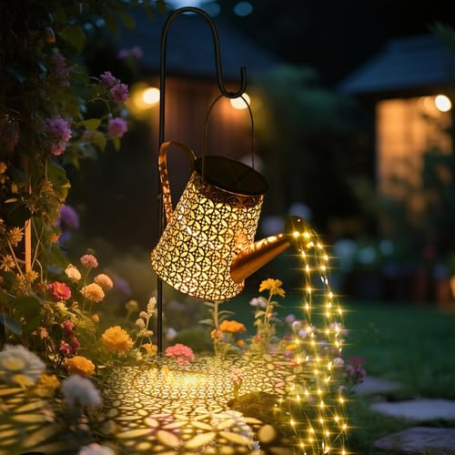 GuKKK Lampe Arrosoir Solaire,L'arrosoir Solaire Allume Les Décorations de Jardin, Lampes en Métal Imperméable à l’Eau avec Support, Lumière Extérieure Led pour Chemin/Cour/Terrasse(Pièces en Cuivre)