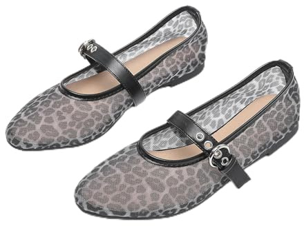CRETUAO Kvinnor Leopard Mesh Balett Platt Mjuk bekväm Rund Tå Spänne Mary Jane Platta Sandaler Casual Andas Ballerina Skor,5 leopard,36 EU