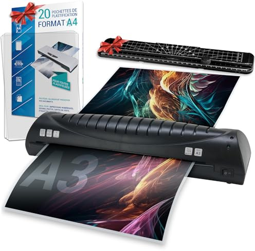 Plastifieuse A3 avec 20 Pochettes A4 et un coupe papier inclus, Machine à Plastifier à chaud, Plastifieuse A3, A4, A5, A6 avec starter kit de démarrage, pour Bureau Maison École