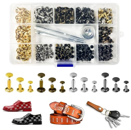 Rnigra 180pcs Leather Rivets Kit with Silver/Bronze/Gold/Black, Double Cap Brass Studs for Clothing, Includes 3 Tools and Storage Box for DIY Leather Crafts, Clothes, Shoes(3 Sizes)