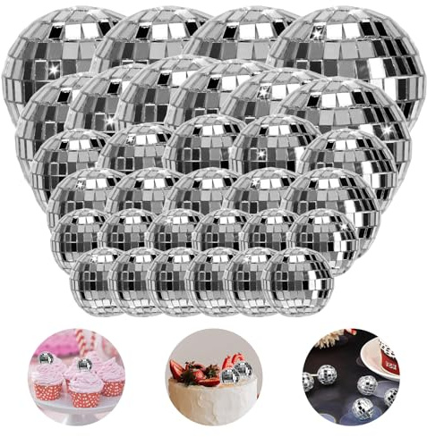 32 Pcs Disco Ball Decoration Set, Silver Shiny Disco Ball, Disco Balls Cake Toppers for Christmas Tree, Wedding, Birthday Party Decoration, Light Effect