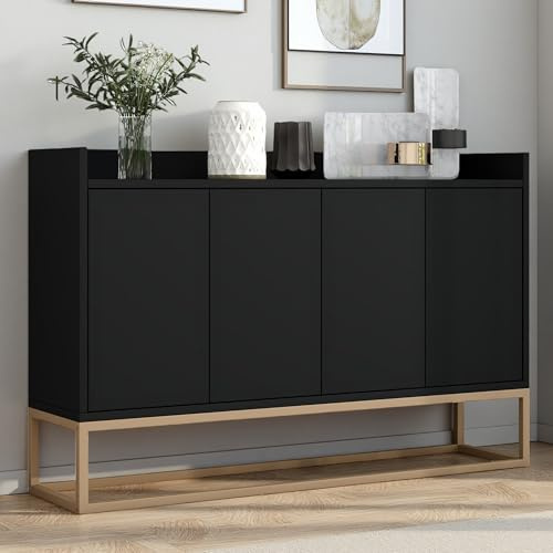 Plcnn Sideboard, Küchenschrank mit 4 Türen, multifunktionales küchenbuffet mit Verstellbares Regal und Metallbeine, griffloses Design, Aufbewahrungsschrank für Esszimmer, Wohnzimmer, Küche (Schwarz)