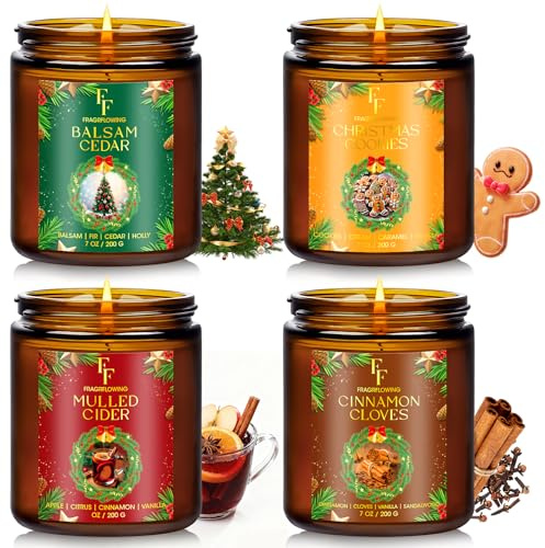 Christmas Candles Set, Scented Candles for Home, 4 Pack Holiday Natural Soy Candles, Christmas Gifts for Women Men, Festival Fragrance of Balsam Cedar/Cookies/Mulled Cider/Cinnamon