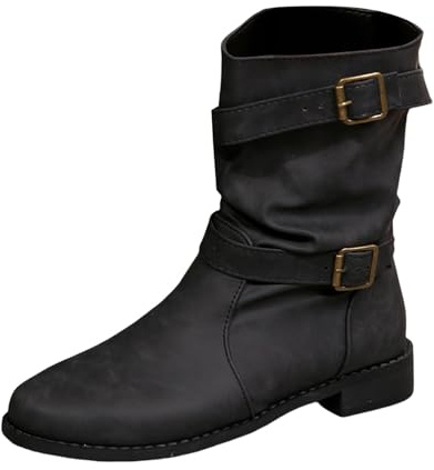 Västerländska ankelstövlar dam ridning – traditionella skor dam platta med spännen kostymskor lömsydda landsstövlar retro slip-stövlar vidare skaft ridstövlar renässans cowboystövlar, svart, 43 EU