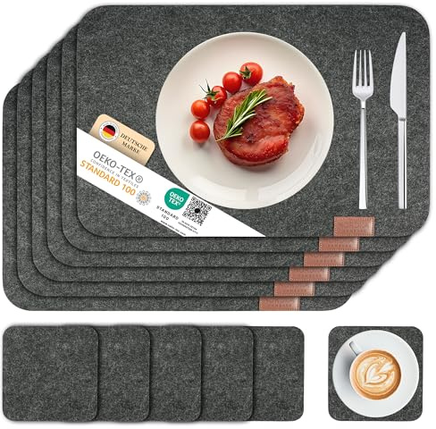 Nordkai Filz Tischset – 6er Set Platzsets + 6 Untersetzer – 45×30 cm – rutschfest, hitzebeständig & abwaschbar – Skandinavisches Design, pflegeleicht & platzsparend (Anthrazit Eleganz)