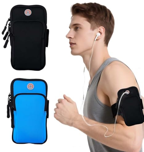 GNALIA Portacellulare Braccio Running, 2 Pezzi, Nero + Blu, Compatibile Smartphone Fino A 6,5, Con Tasca Auricolare E Portachiavi